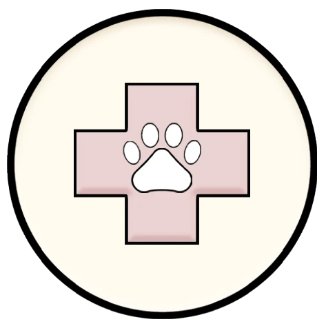 Pet health icon. White paw print in pink cross in beige circular icon